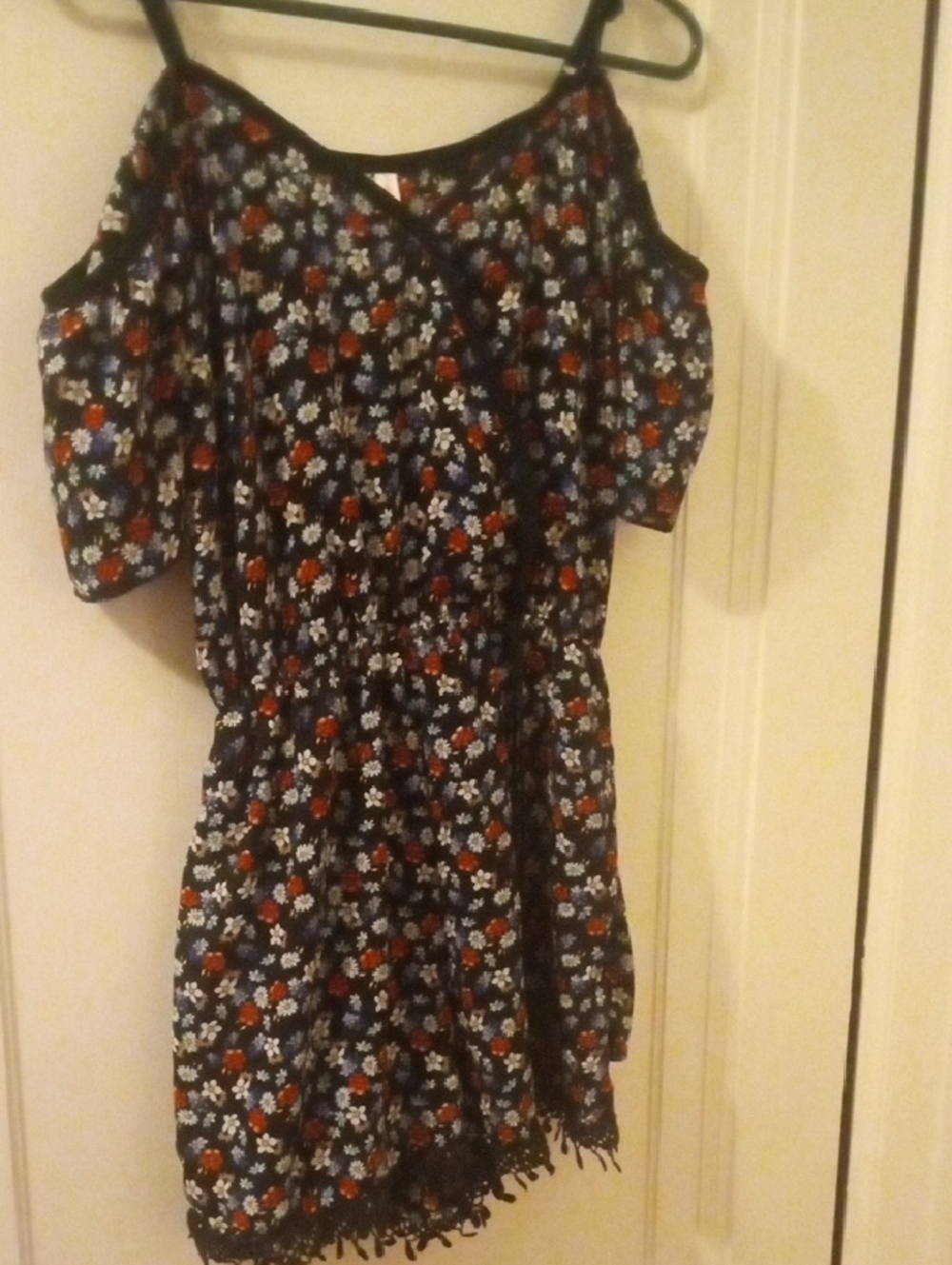 Floral Cold-Shoulder Black Romper with Red & White flowers, small